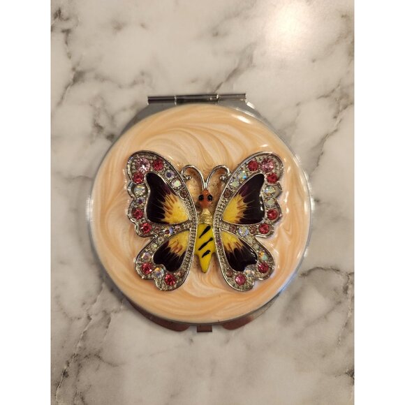 Vintage Enamel Butterfly Compact Mirror With Rhinestones - Picture 1 of 4